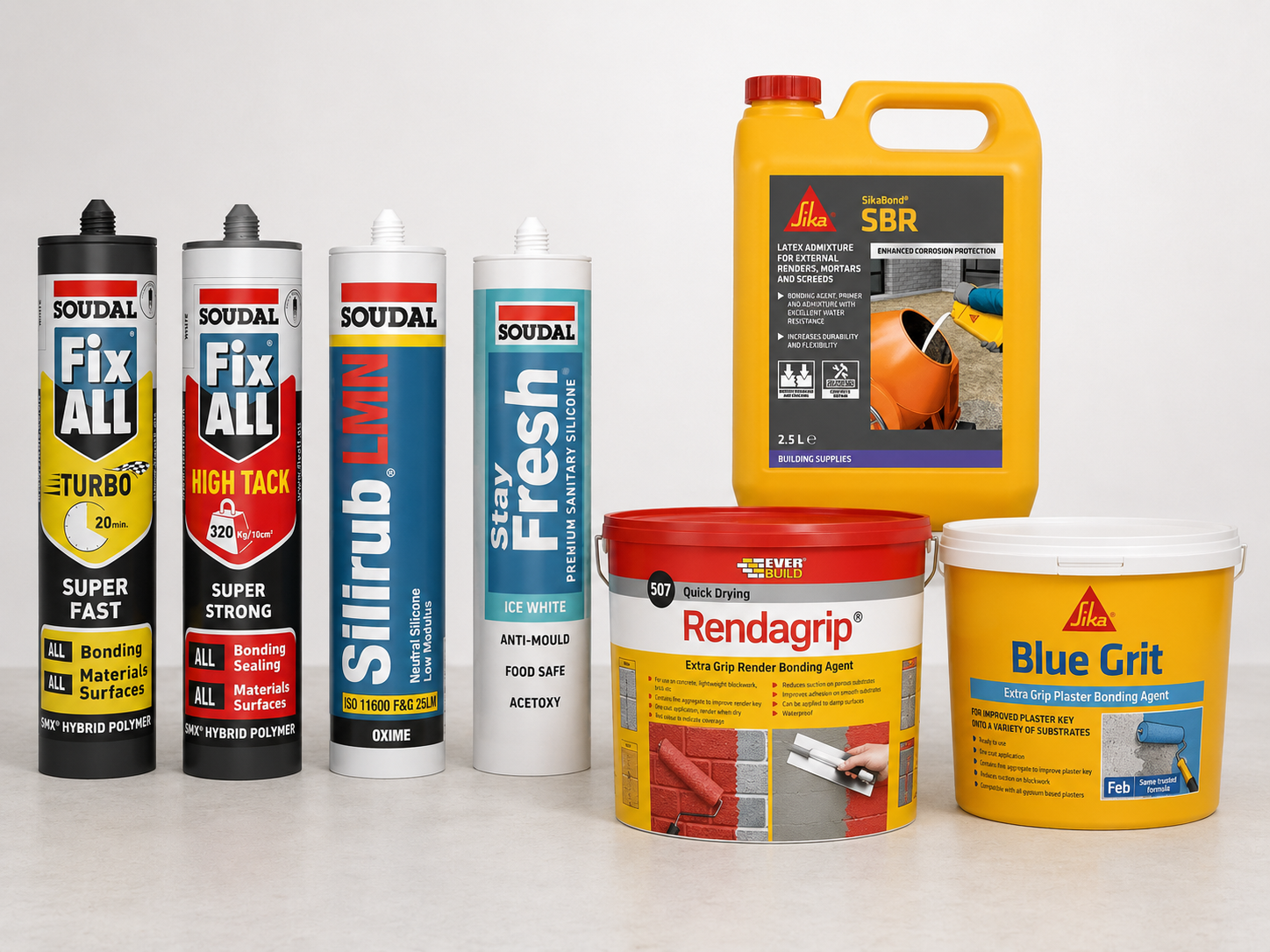 Sealants, adhesives and tools on a workbench